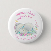 Cute Elephant Butterflies Blue Baby Shower  Button