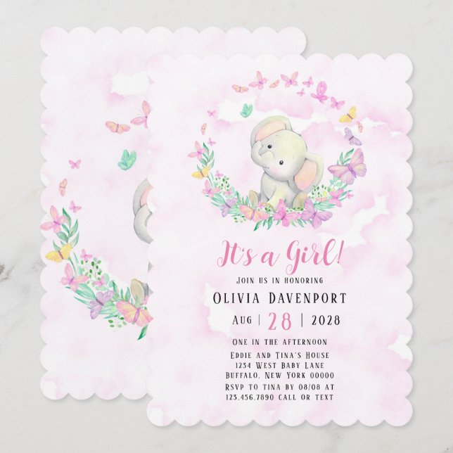 Cute Elephant & Butterflies Girl Baby Shower Invitation (Front/Back)