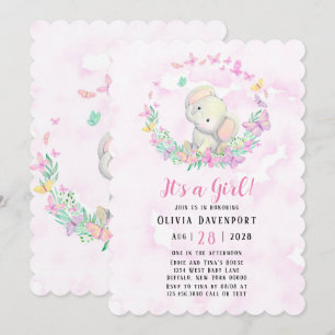 Cute Elephant & Butterflies Girl Baby Shower Invitation
