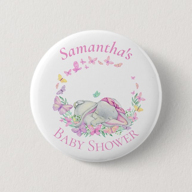 Cute Elephant Butterflies Pink Baby Shower  Button (Front)