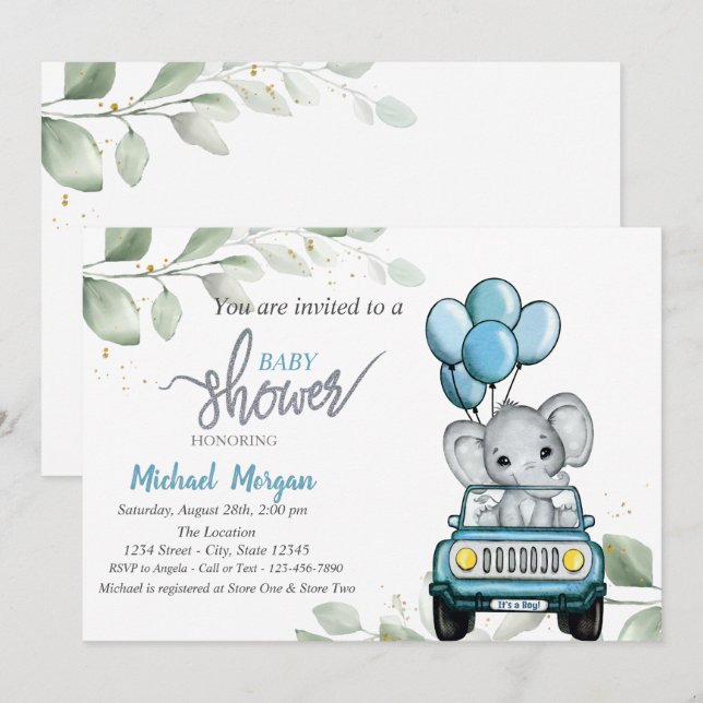 Cute Elephant,Car,Balloons, Leaves Baby Shower  Invitation (Front/Back)