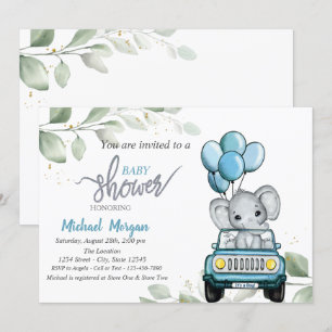 Cute Elephant,Car,Balloons, Leaves Baby Shower  Invitation