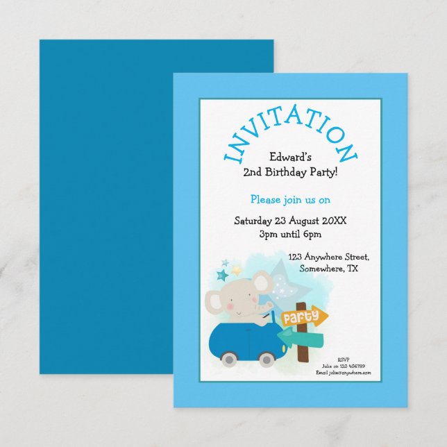 Cute Elephant Car Boy Birthday Party Blue Invitation (Front/Back)