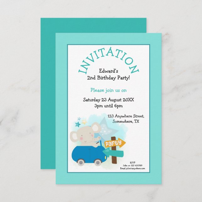 Cute Elephant Car Boy Birthday Party Teal Invitation (Front/Back)