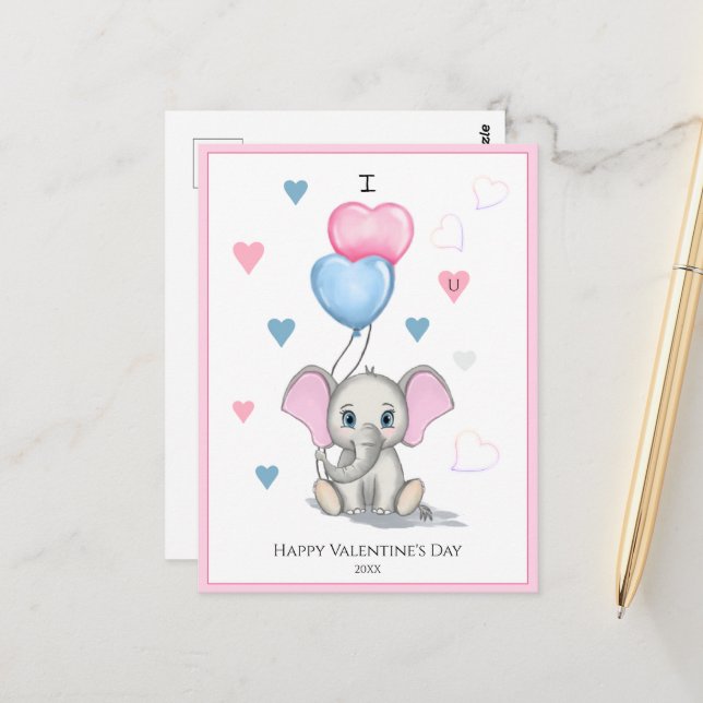 Cute Elephant Cartoon | Personalised Valentine's   Postcard (Front/Back In Situ)
