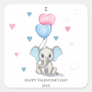 Cute Elephant Cartoon   Personalised Valentine's Square Sticker
