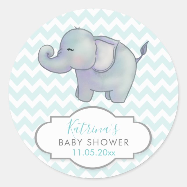 Cute Elephant | Chevron Blue Baby Shower Thank You Classic Round Sticker (Front)