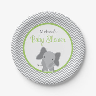 Cute Elephant Chevron Green Baby Shower Paper Plate