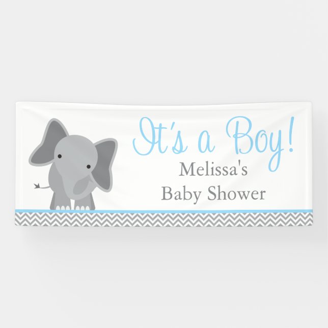 Cute Elephant Chevron Light Blue Baby Shower 6' Banner (Horizontal)