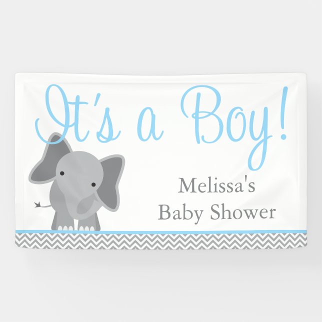 Cute Elephant Chevron Light Blue Baby Shower Banner (Horizontal)