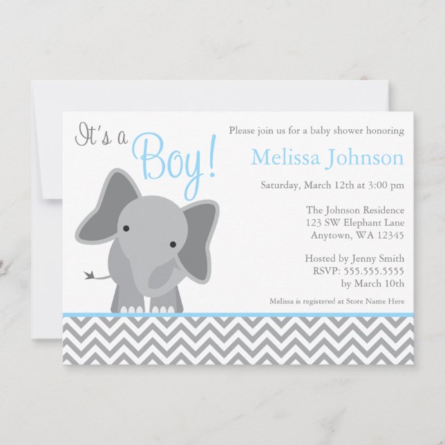 Cute Elephant Chevron Light Blue Baby Shower Invitation (Front)