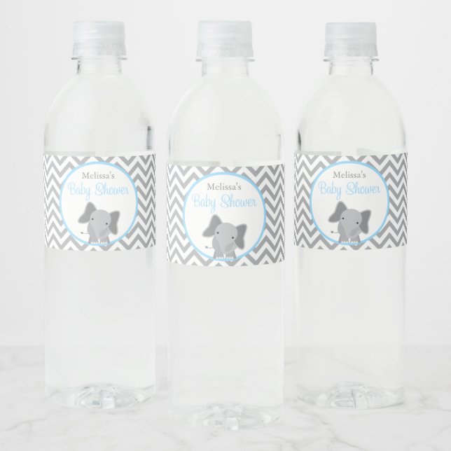 Cute Elephant Chevron Light Blue Baby Shower Water Bottle Label (Bottles)