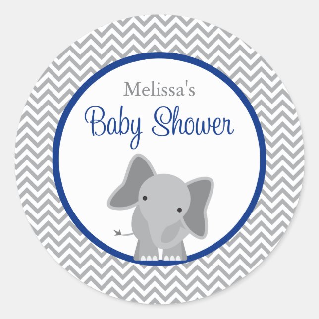 Cute Elephant Chevron Navy Blue Baby Shower Classic Round Sticker (Front)