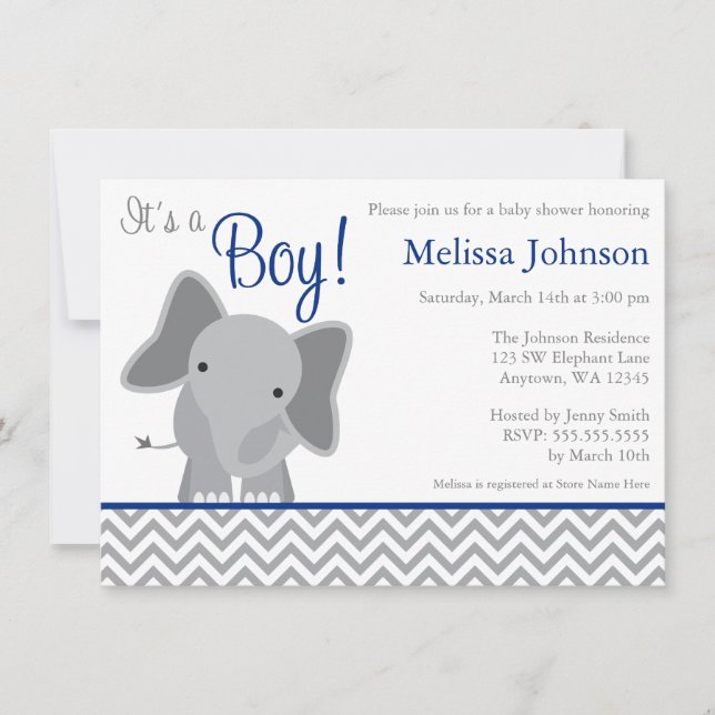 Cute Elephant Chevron Navy Blue Baby Shower Invitation (Front)