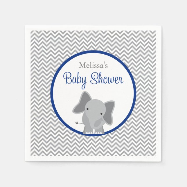 Cute Elephant Chevron Navy Blue Baby Shower Napkin (Front)