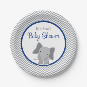Cute Elephant Chevron Navy Blue Baby Shower Paper Plate