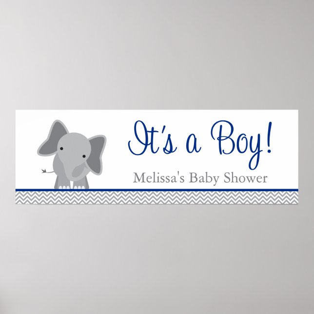 Cute Elephant Chevron Navy Blue Baby Shower Poster (Front)