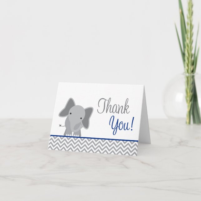 Cute Elephant Chevron Navy Blue Thank You Card (Front)