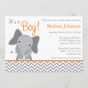 Cute Elephant Chevron Orange Baby Shower Invitation