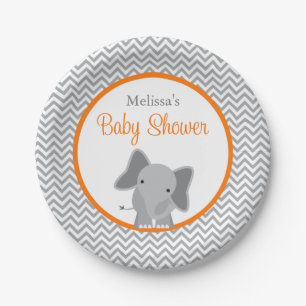 Cute Elephant Chevron Orange Baby Shower Paper Plate