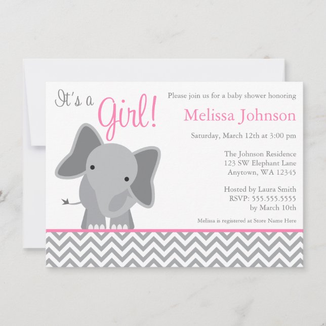 Cute Elephant Chevron Pink Baby Shower Invitation (Front)