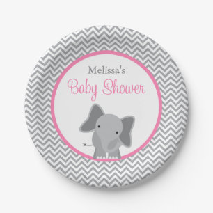 Cute Elephant Chevron Pink Baby Shower Paper Plate