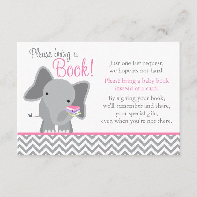 Cute Elephant Chevron Pink Girl Baby Shower Book Enclosure Card (Front)