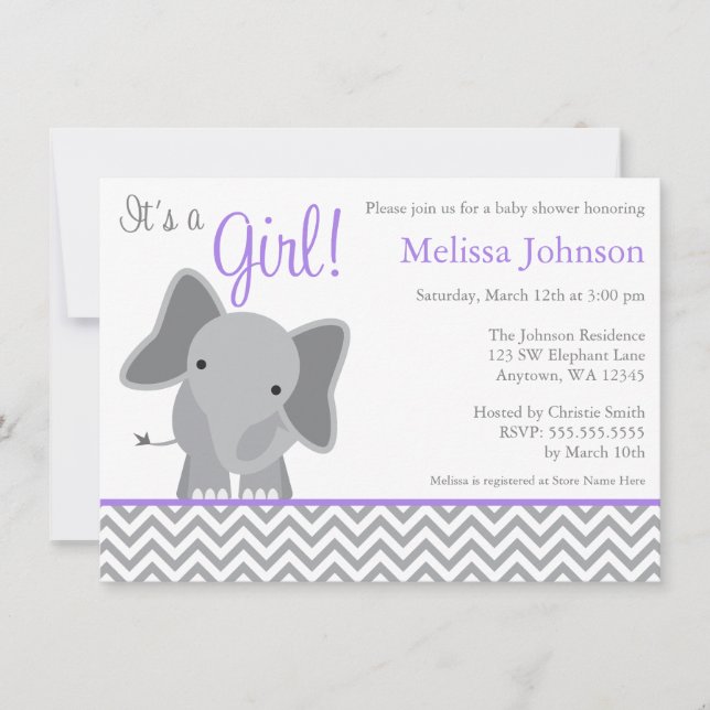 Cute Elephant Chevron Purple Baby Shower Invitation (Front)