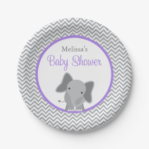 Cute Elephant Chevron Purple Baby Shower Paper Plate