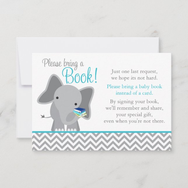 Cute Elephant Chevron Teal Baby Shower Book Invitation (Front)