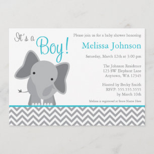 Cute Elephant Chevron Teal Baby Shower Invitation