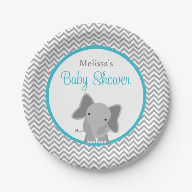 Cute Elephant Chevron Teal Baby Shower Paper Plate (Front)