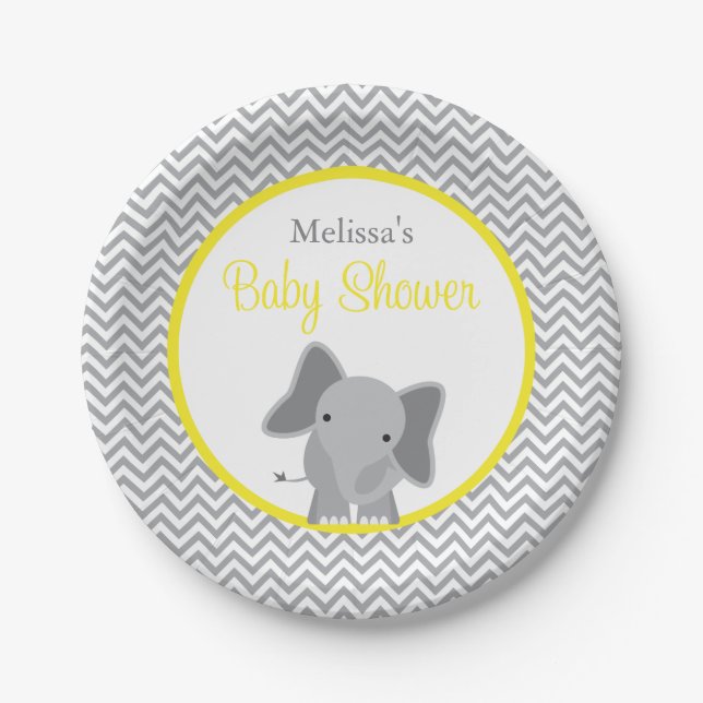 Cute Elephant Chevron Yellow Baby Shower Paper Plate (Front)