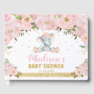Cute Elephant Chic Blush Pink Floral Baby Shower Guest Book