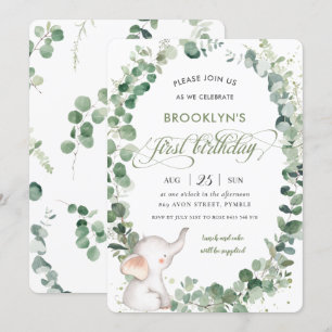 Cute Elephant Chic Greenery 1st First Birthday Invitation