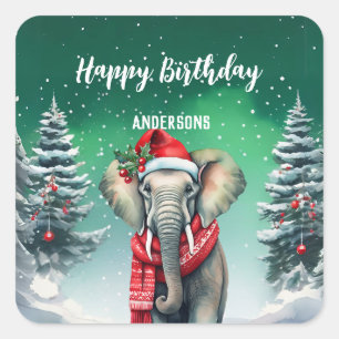 Cute elephant Christmas tree birthday girl party Square Sticker