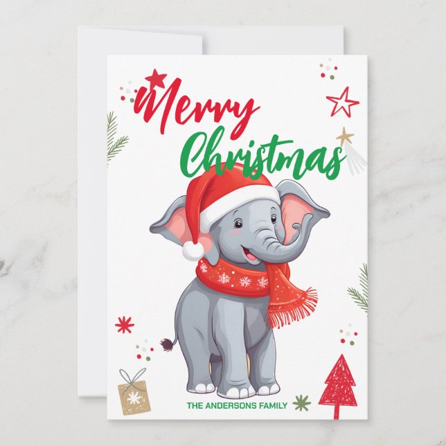 Cute Elephant Christmas tree Holiday Family name Card (Front)