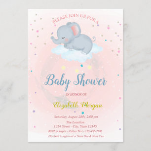 Cute elephant,Cloud, Stars Baby Shower Invitation