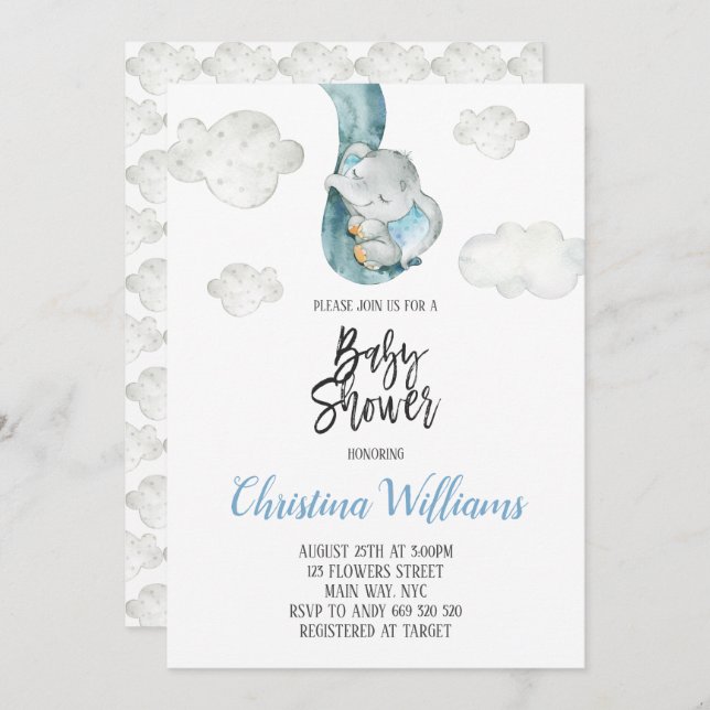 Cute Elephant Clouds Sky Neutral Baby Shower Invitation (Front/Back)