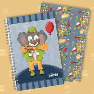 Cute Elephant Clown Kid Spiral Notebook with Name