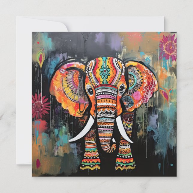 Cute Elephant Colourful Funky Mixed Media Animal Invitation (Front)