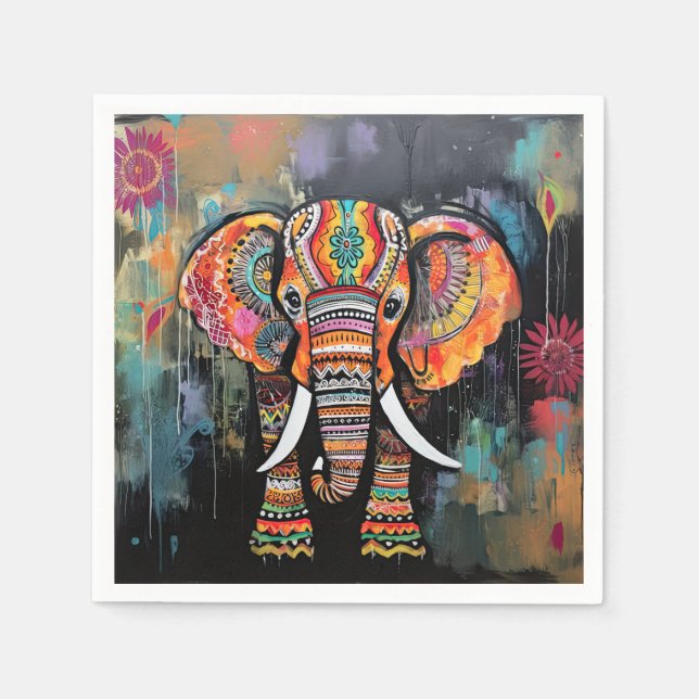 Cute Elephant Colourful Funky Mixed Media Animal Napkin (Front)