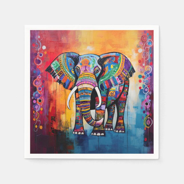 Cute Elephant Colourful Funky Mixed Media Animal Napkin (Front)