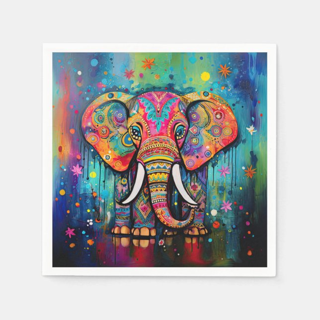 Cute Elephant Colourful Funky Mixed Media Animal Napkin (Front)