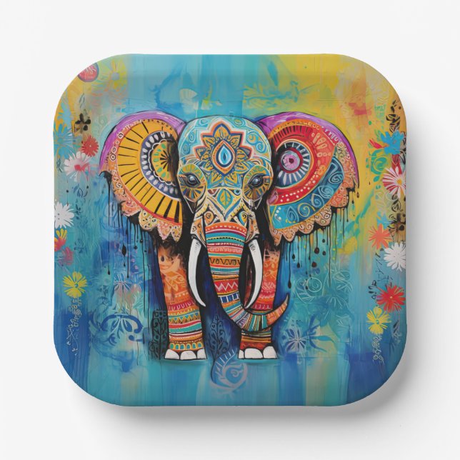 Cute Elephant Colourful Funky Mixed Media Animal Paper Plate (Front)