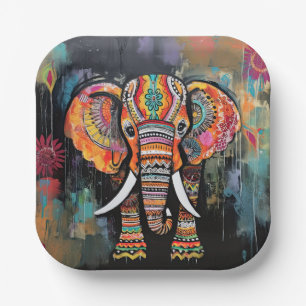 Cute Elephant Colourful Funky Mixed Media Animal Paper Plate