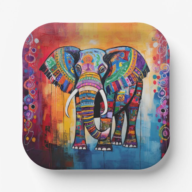 Cute Elephant Colourful Funky Mixed Media Animal Paper Plate (Front)