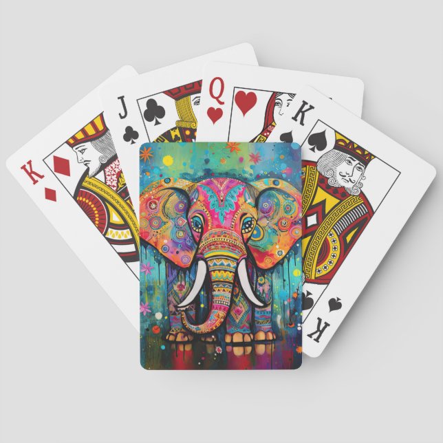 Cute Elephant Colourful Funky Mixed Media Animal Playing Cards (Back)
