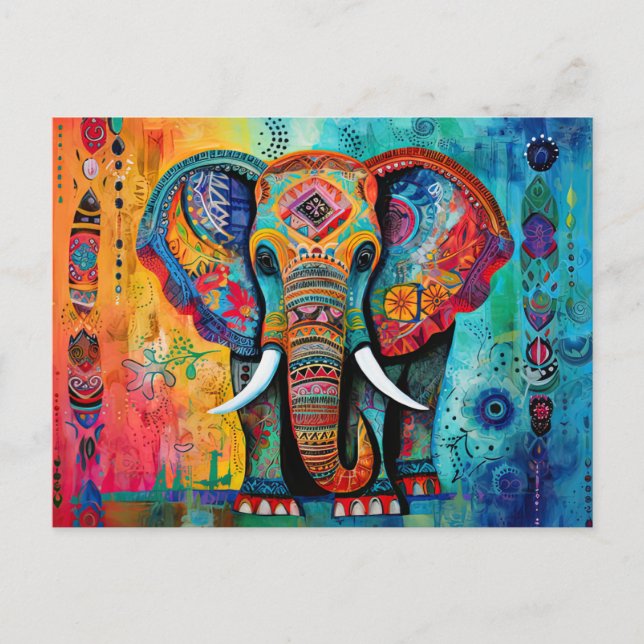 Cute Elephant Colourful Funky Mixed Media Animal Postcard (Front)