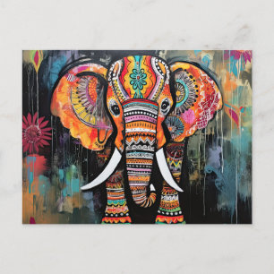 Cute Elephant Colourful Funky Mixed Media Animal Postcard